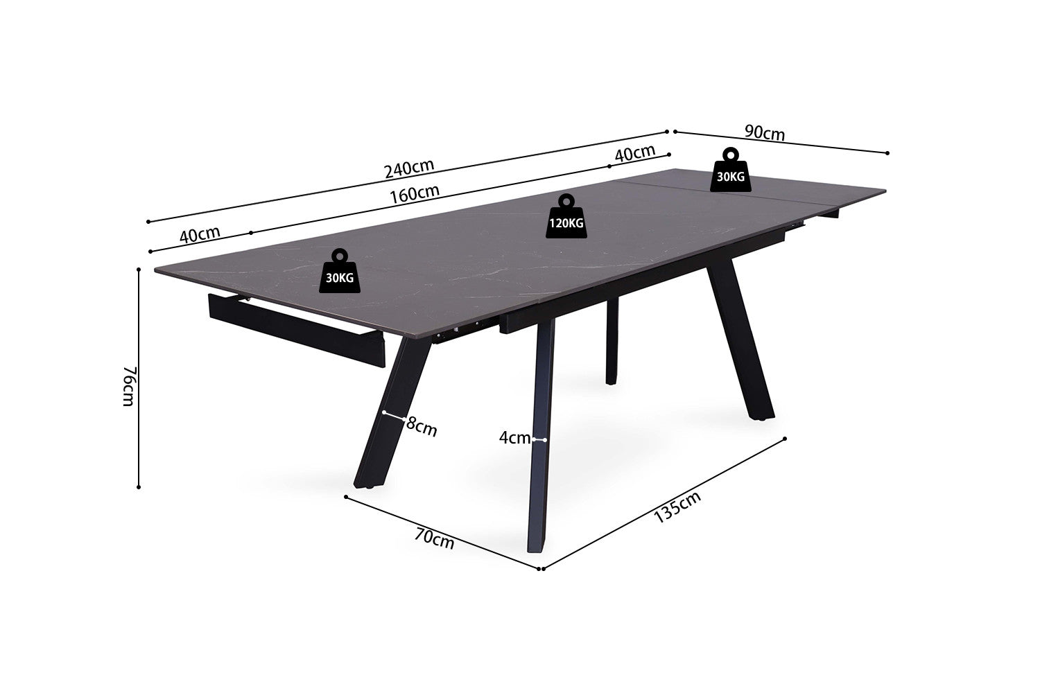 Rousseau - Table extensible Hera 160-240 cm Rectangulaire Pierre Noir - 76x240x90cm