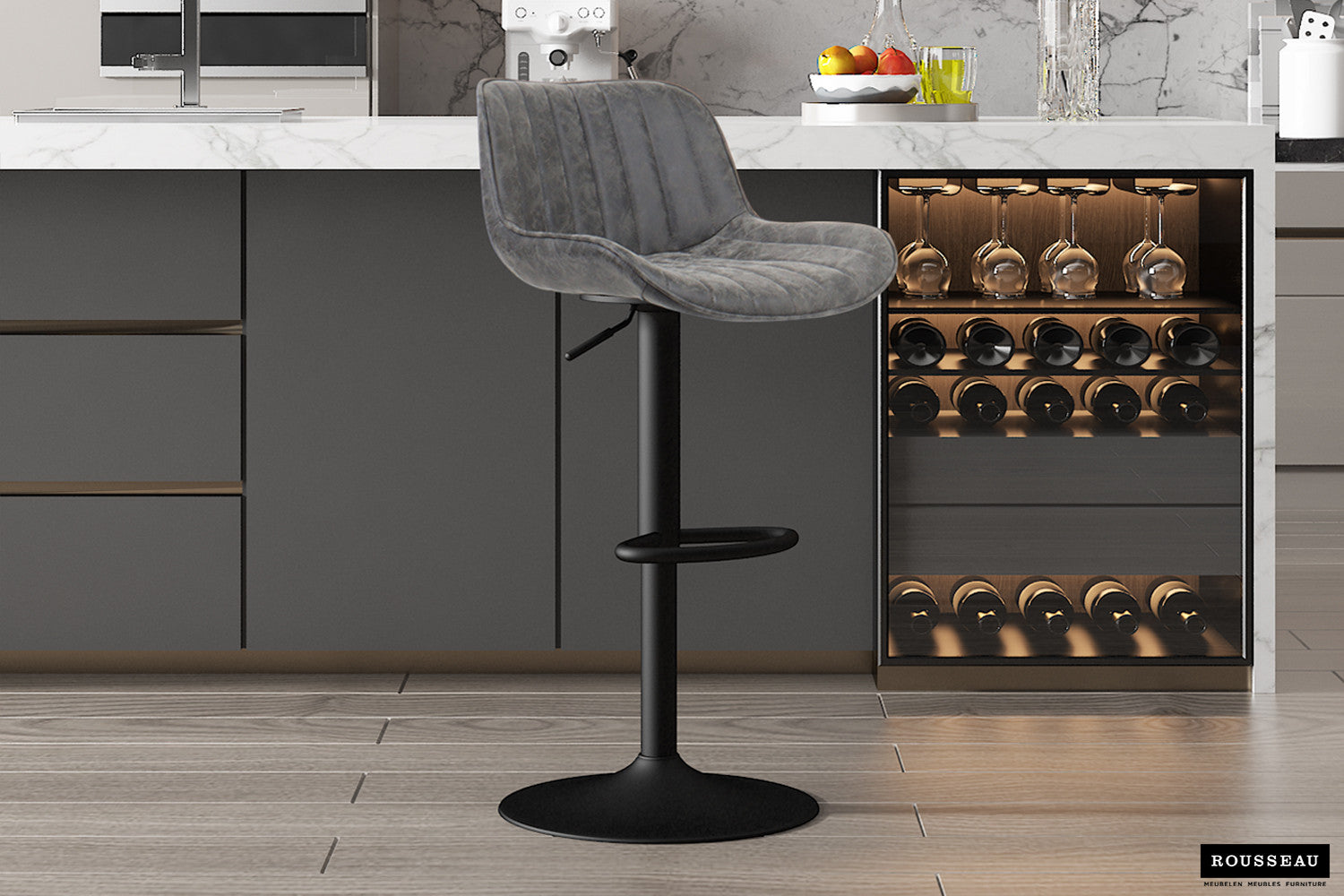 Rousseau - Chaise de bar Fenna PU Gris - 84x48x49,5 cm