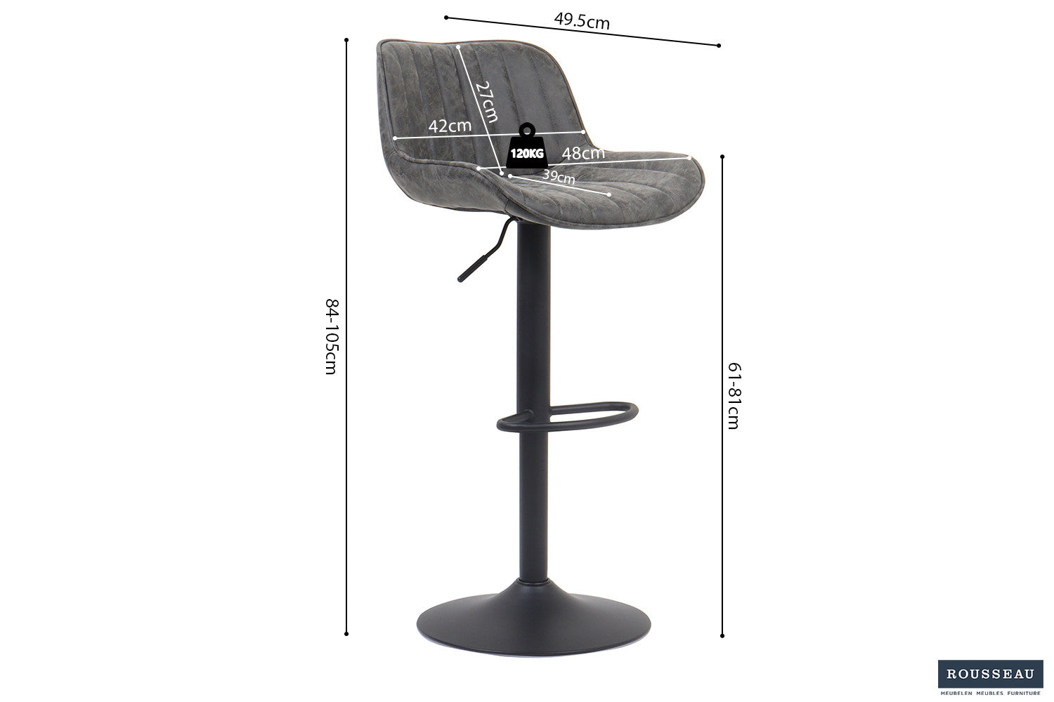 Rousseau - Chaise de bar Fenna PU Gris - 84x48x49,5 cm