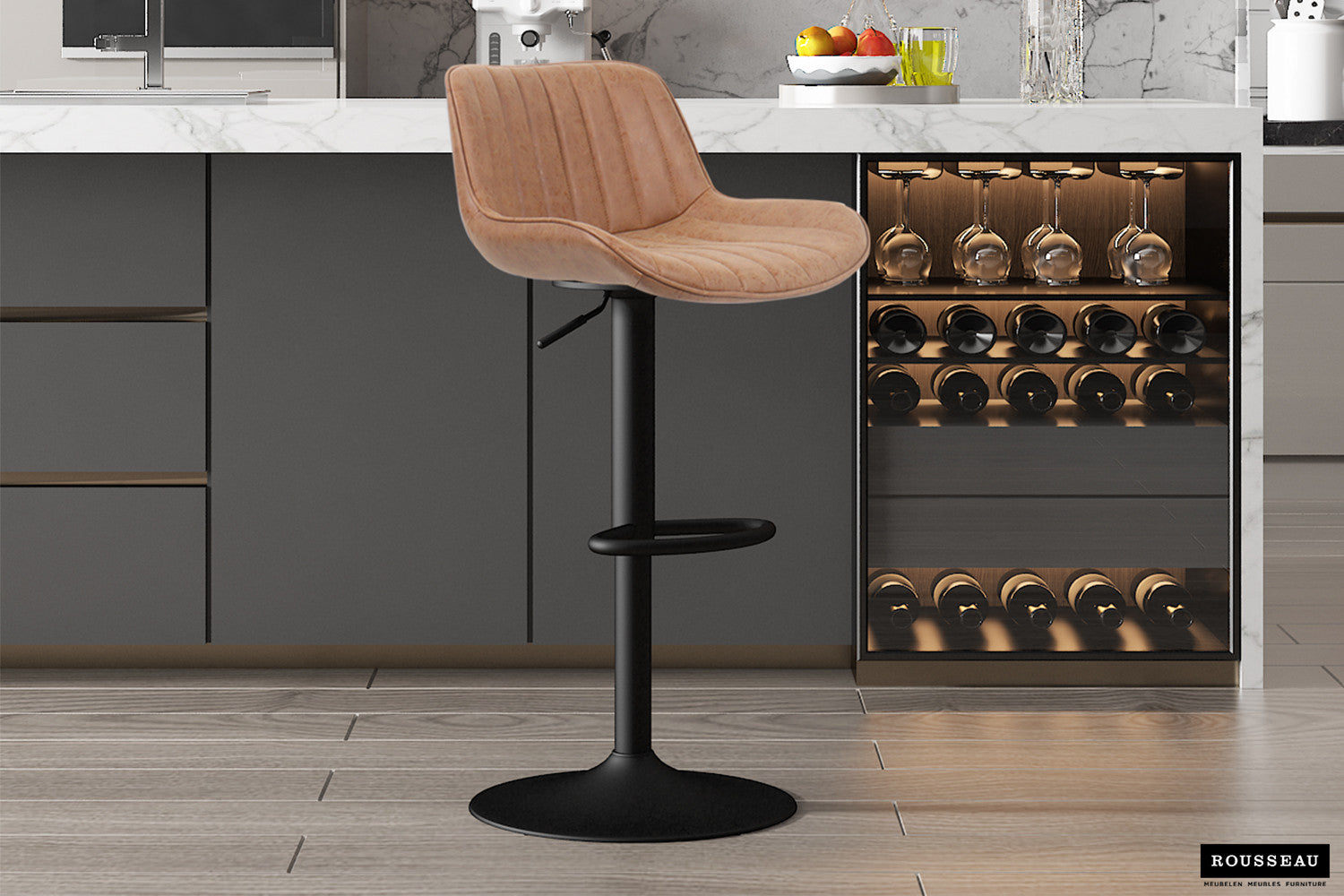 Rousseau - Chaise de bar Fenna PU Cognac - 84x48x49,5 cm