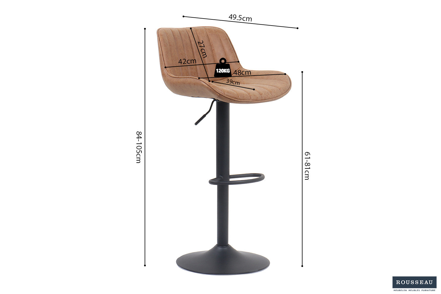 Rousseau - Barstoel Fenna PU Cognac - 84x48x49.5 cm