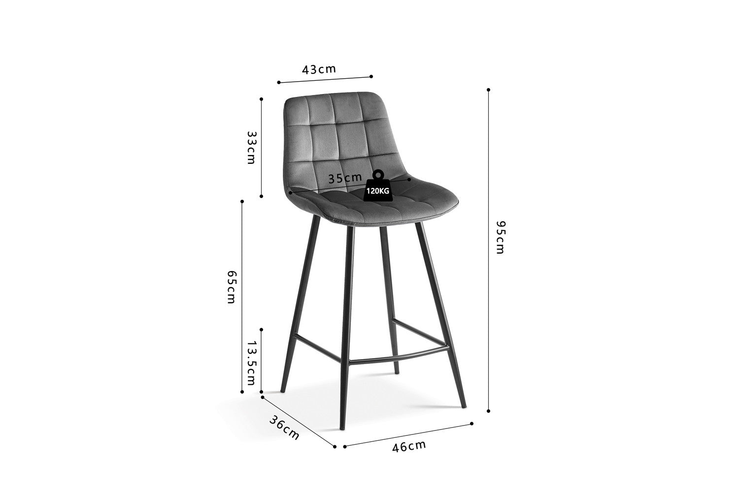 Rousseau - Tabouret de bar Juta Velours Gris foncé - 95x46x36 cm