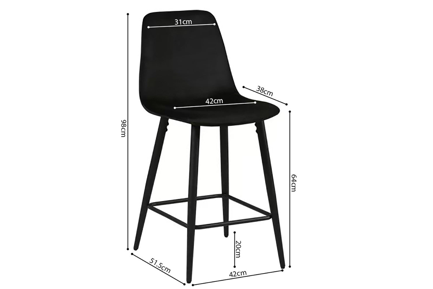 Rousseau - Tabouret de bar Boy Velours Noir - 98x42x51,5 cm