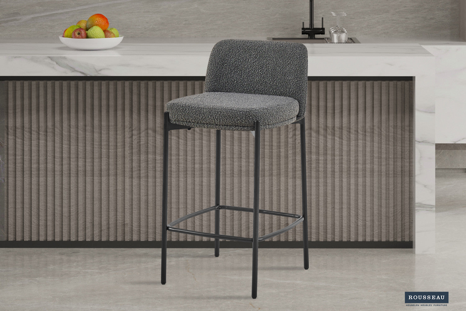 Rousseau - Chaise de bar Ella Tissu Gris - 85x37,5x46 cm