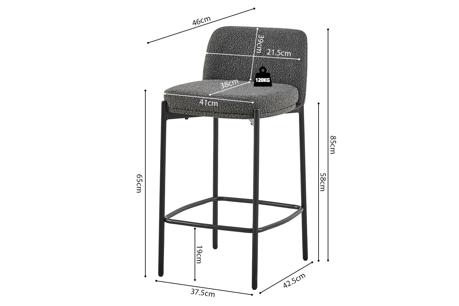 Rousseau - Chaise de bar Ella Tissu Gris - 85x37,5x46 cm