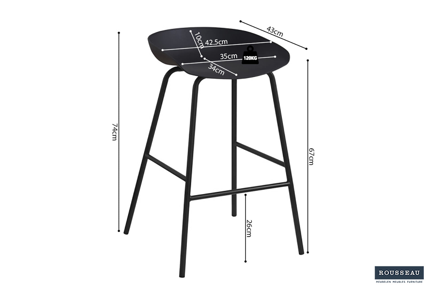 Rousseau - Barstoel Anna PP Zwart - 75x42.5x46 cm