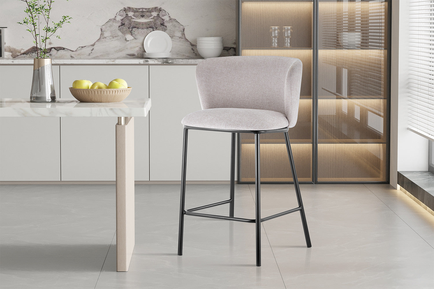Rousseau - Chaise de Bar Arthur Tissu Beige - 88,5x53x50,5 cm