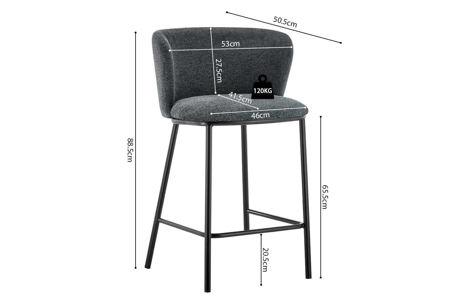 Rousseau - Chaise de bar Arthur Tissu Gris foncé - 88,5x53x50,5 cm