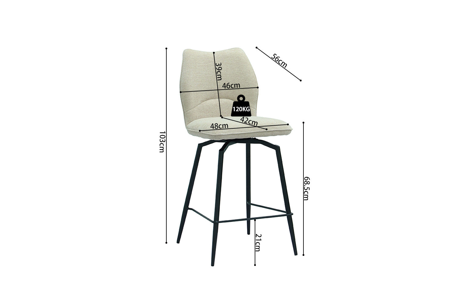 Rousseau - Tabouret de bar Lara - Tissu Ecru - 103x48x56 cm