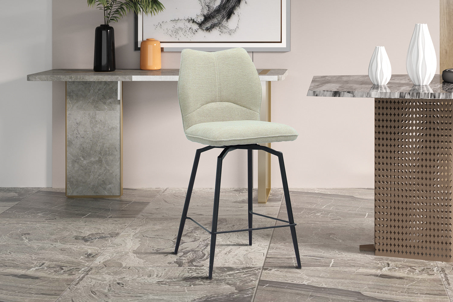 Rousseau - Tabouret de bar Lara - Tissu Ecru - 103x48x56 cm