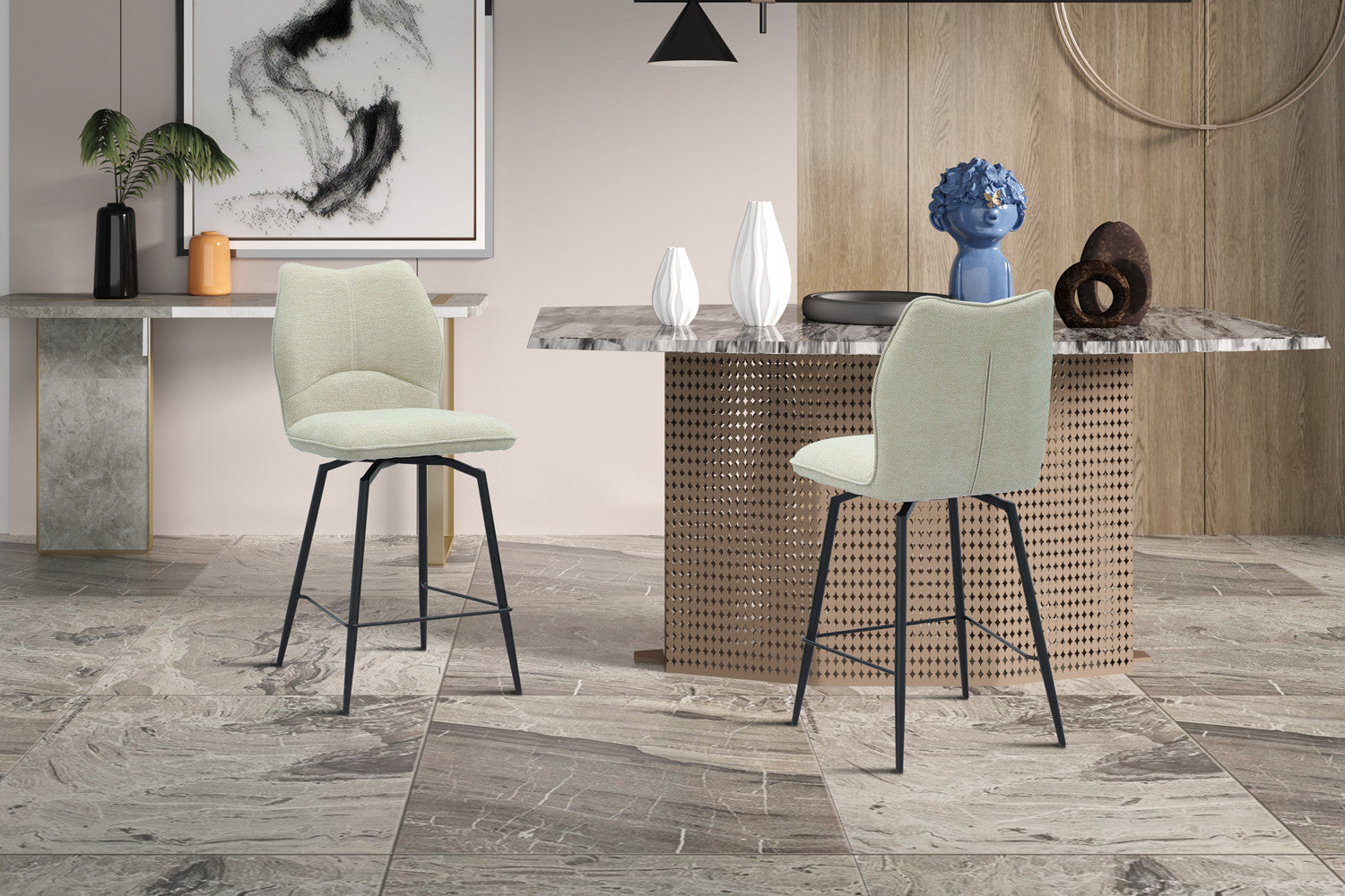 Rousseau - Tabouret de bar Lara - Tissu Ecru - 103x48x56 cm