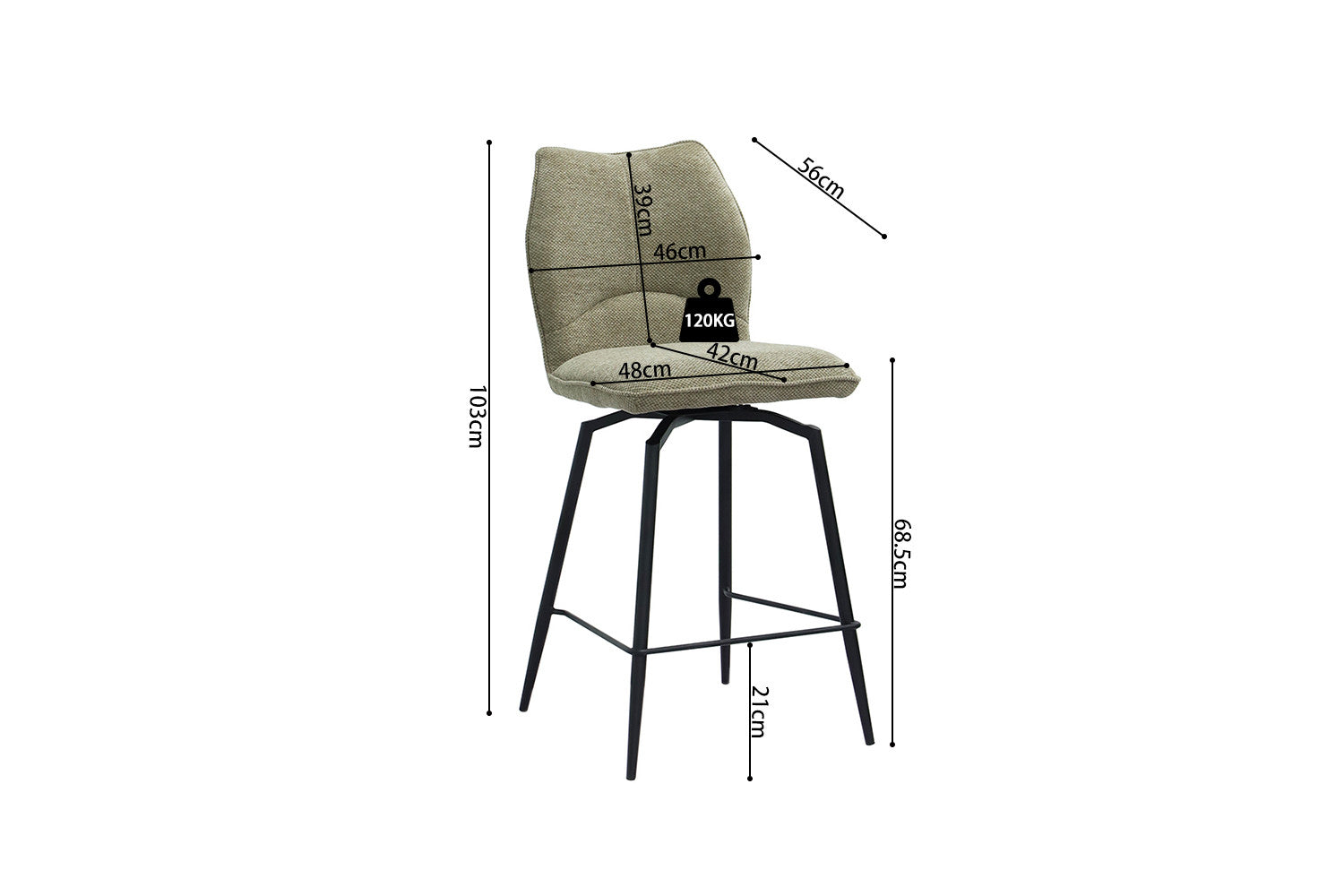 Rousseau - Tabouret de bar Lara - Tissu Sable - 103x48x56 cm