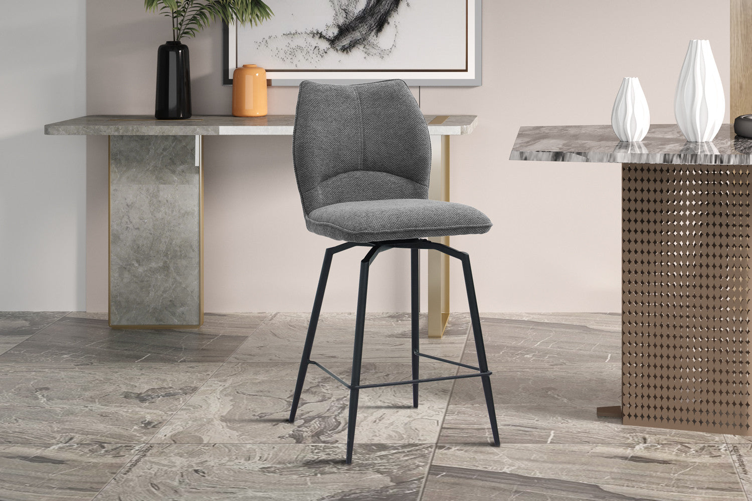 Rousseau - Tabouret de bar Lara - Tissu Gris - 103x48x56 cm
