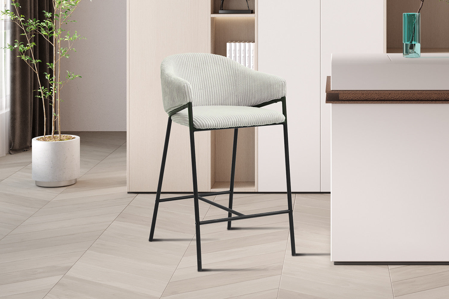 Rousseau - Tabouret de bar Hugo Velours côtelé Gris clair - 90x54x59 cm