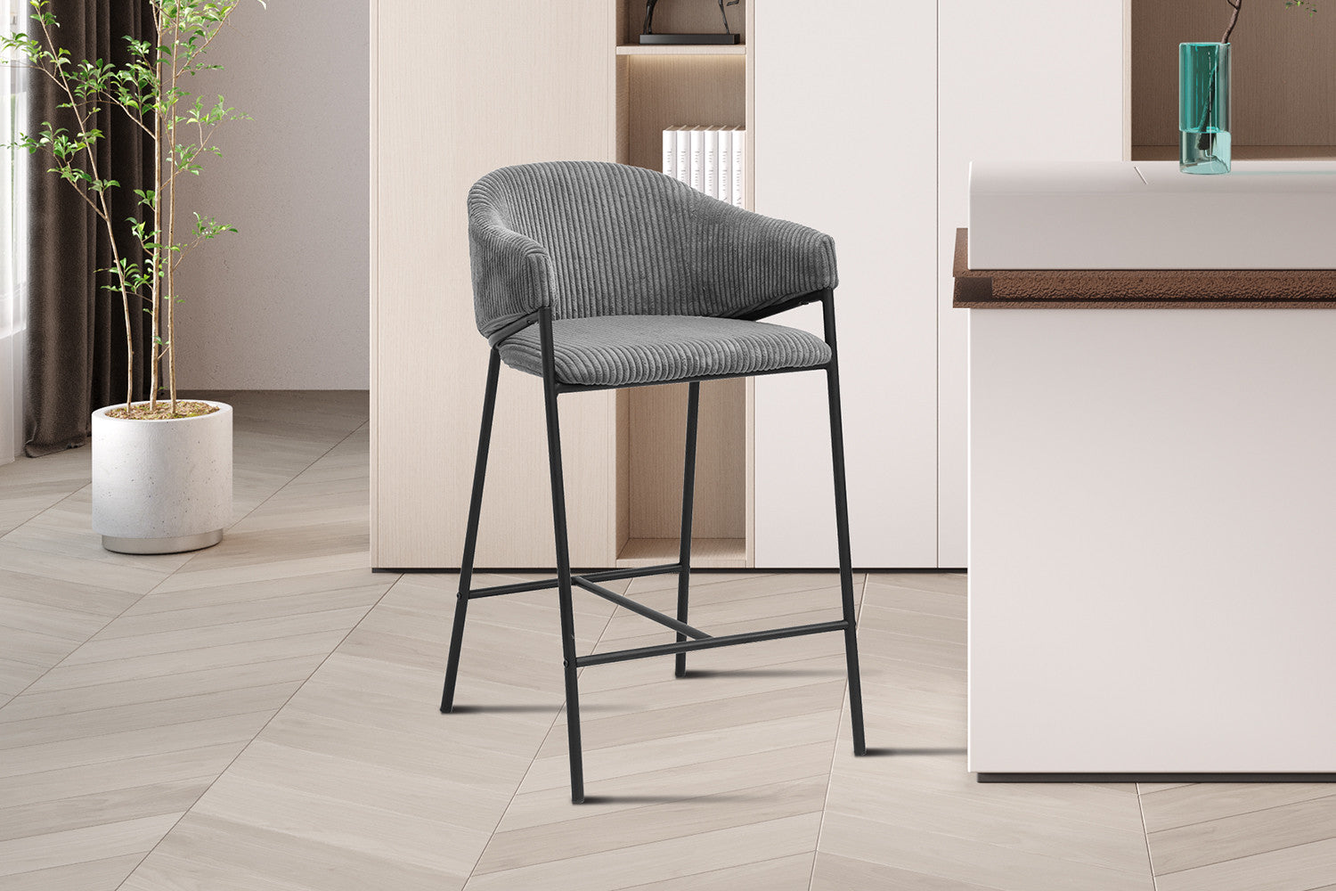 Rousseau - Tabouret de bar Hugo Velours côtelé Gris foncé - 90x54x59 cm