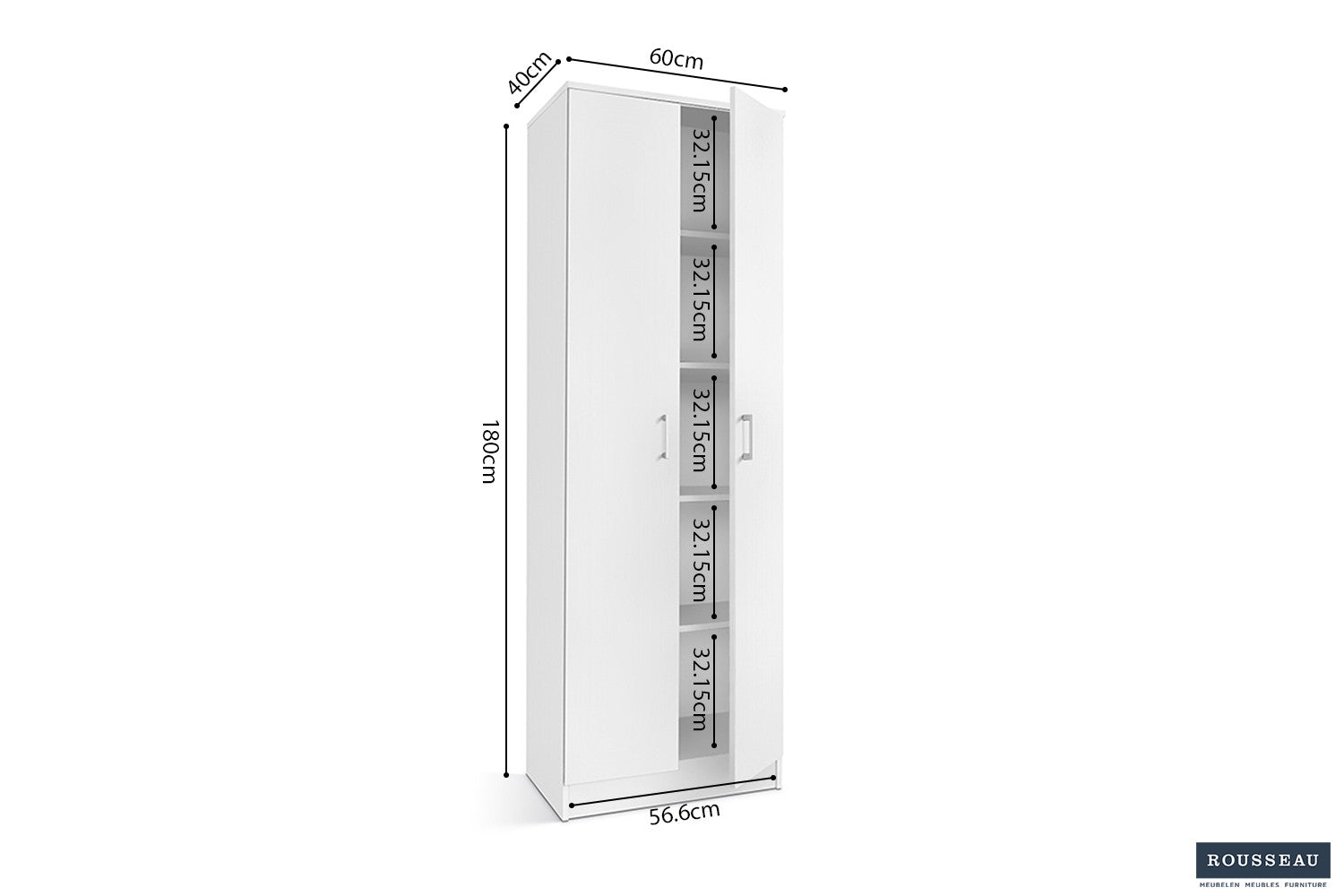 Rousseau - Meuble de rangement Ray 2 portes et 4 étagères Blanc - 180x60x40 cm