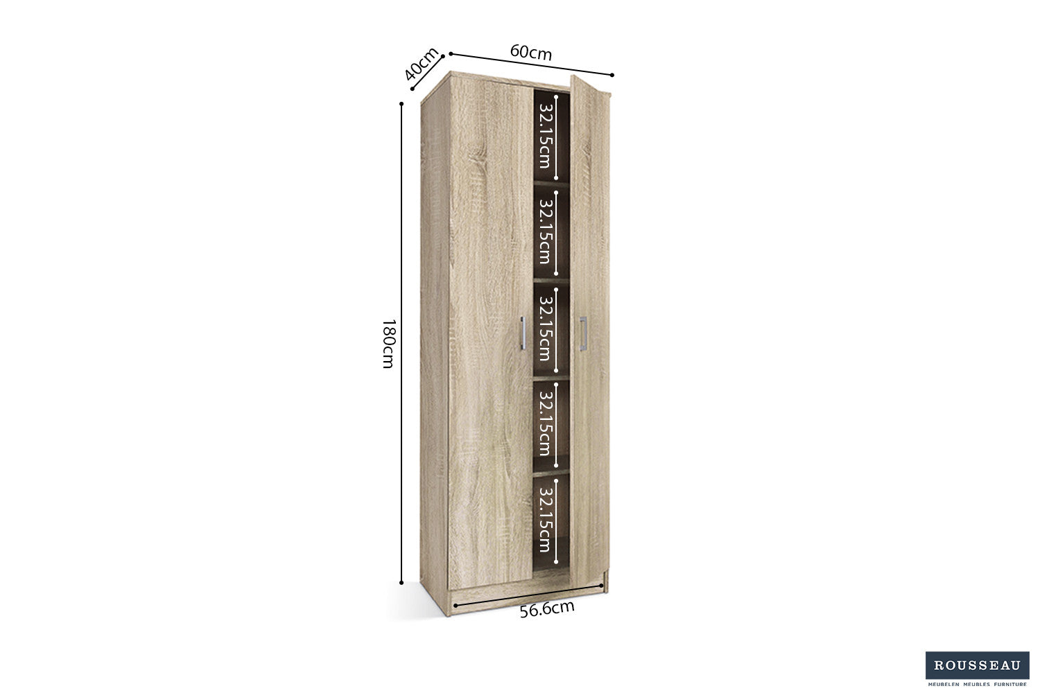 Rousseau - Opbergkast Ray 2 deuren en 4 legplanken Sonoma - 180x60x40 cm