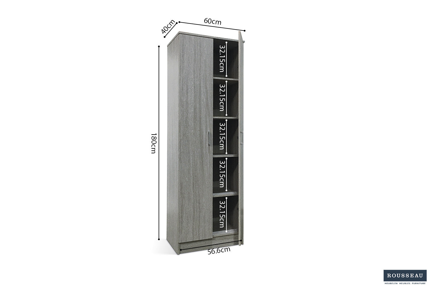 Rousseau - Opbergkast Ray 2 deuren en 4 legplanken Grijze eik - 180x60x40 cm