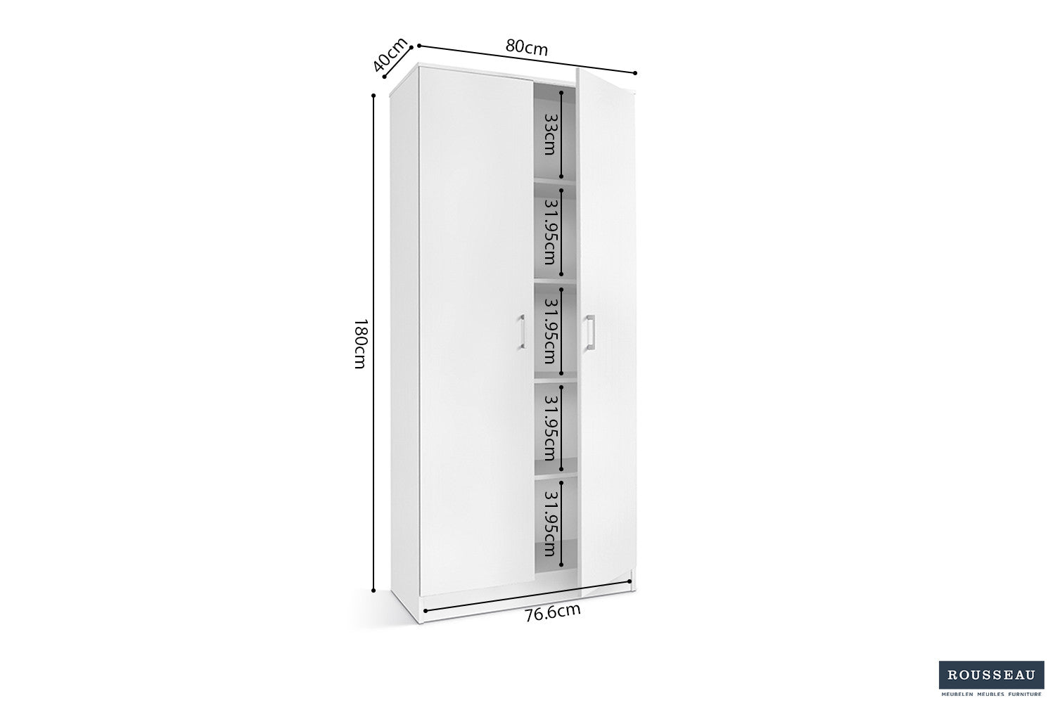 Rousseau - Opbergkast Ray 2 deuren en 4 legplanken Wit - 180x80x40 cm