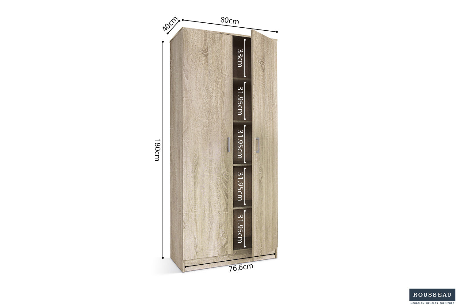 Rousseau - Opbergkast Ray 2 deuren en 4 legplanken Sonoma - 180x80x40 cm