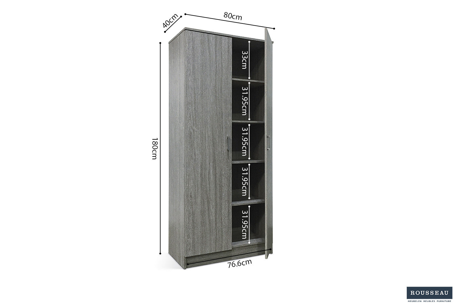 Rousseau - Opbergkast Ray 2 deuren en 4 legplanken Grijze eik - 180x80x40 cm