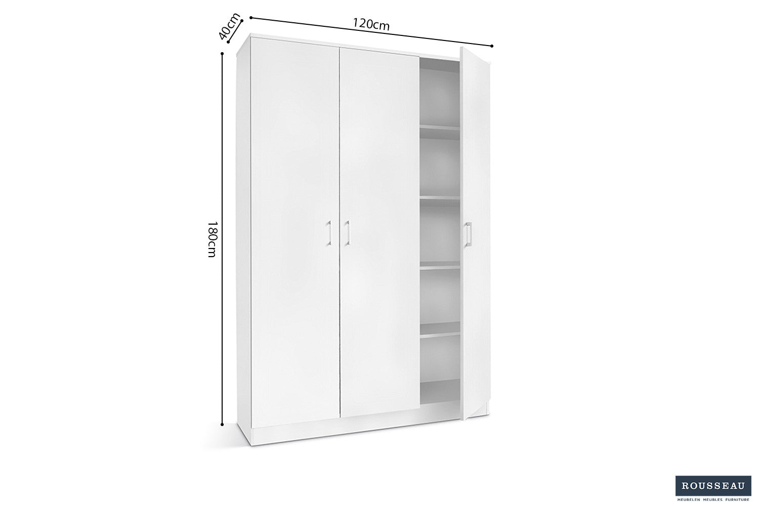 Rousseau - Opbergkast Ray 3 deuren en 4 legplanken Wit - 180x120x40 cm