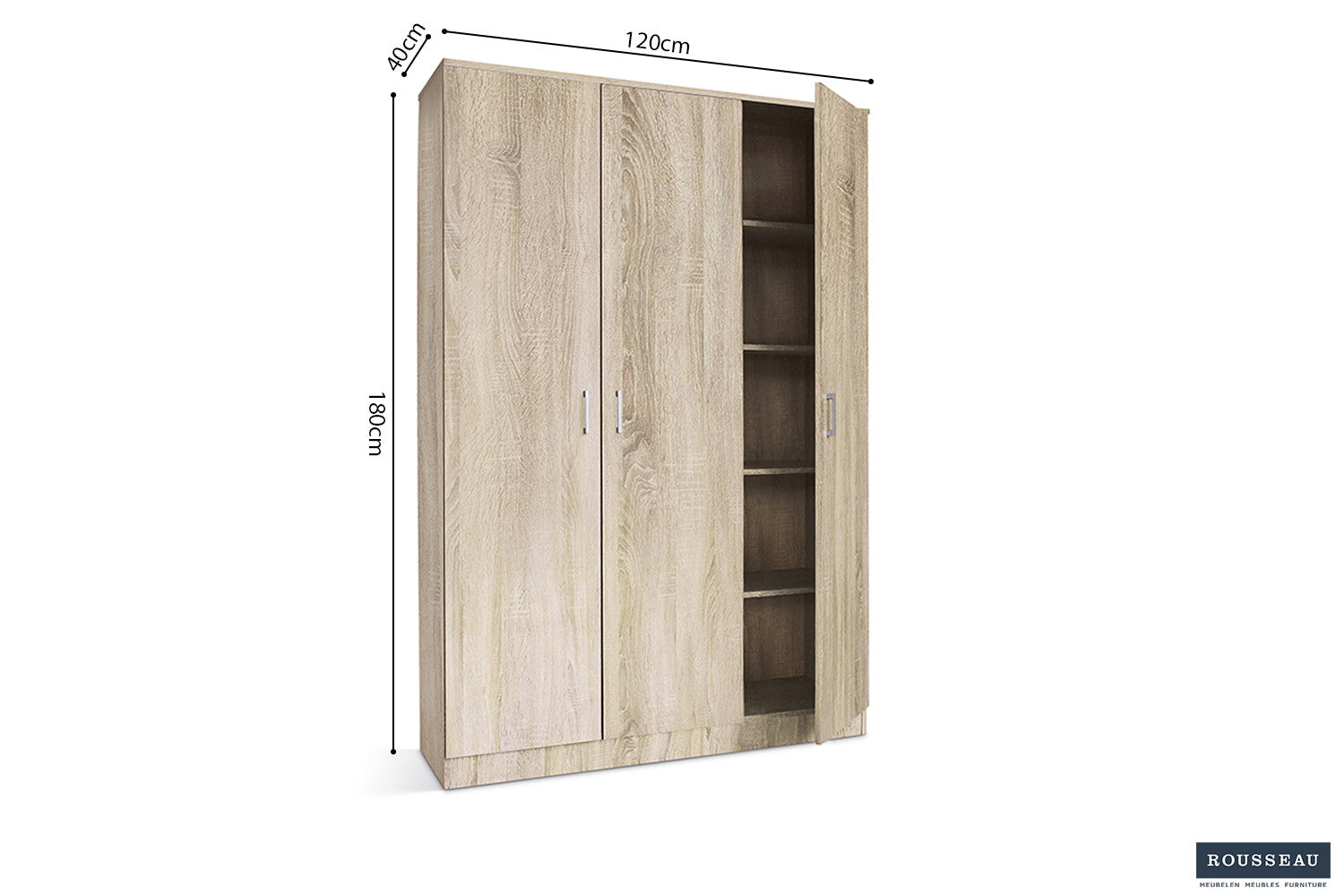 Rousseau - Opbergkast Ray 3 deuren en 4 legplanken Sonoma - 180x120x40 cm