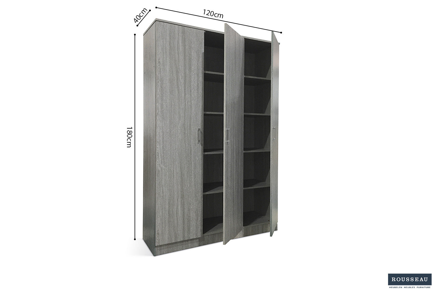 Rousseau - Opbergkast Ray 3 deuren en 4 legplanken Grijze eik - 180x120x40 cm
