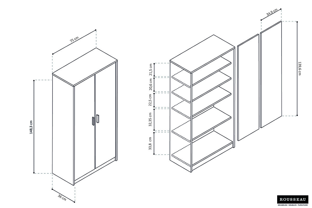 Rousseau - Opbergkast Space 2 deuren en 4 legplanken Sonoma - 148x72x36 cm