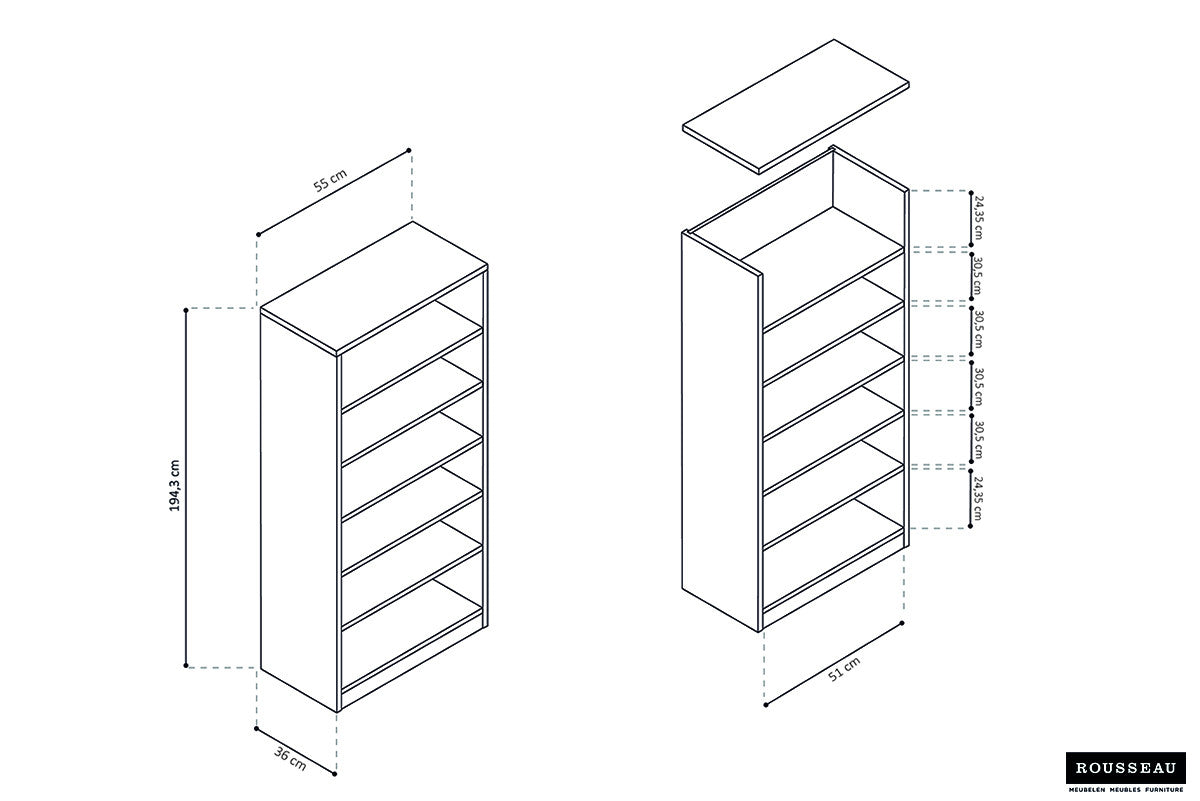 Rousseau - Boekenkast Space 5 legplanken Sonoma - 195x55x36 cm