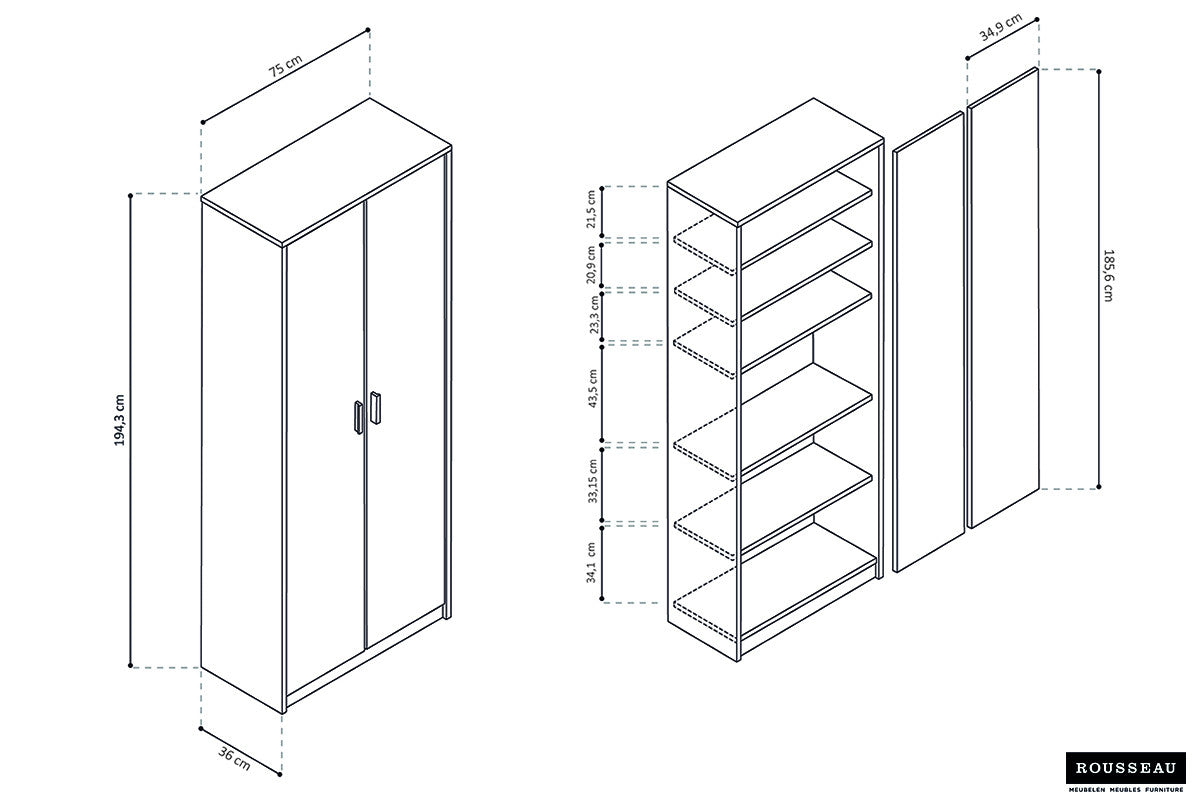 Rousseau - Opbergkast Space 2 deuren en 5 legplanken Sonoma - 194x72x36 cm
