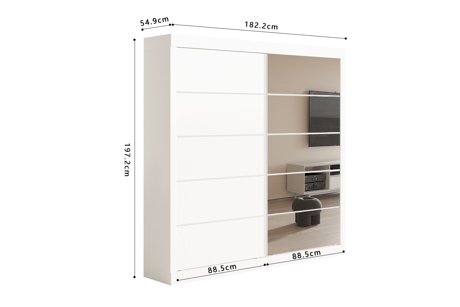 Rousseau - Kleerkast Mike 2 Schuifdeuren, 1 Spiegeldeur Wit - 197.5x182.5x52.5 cm