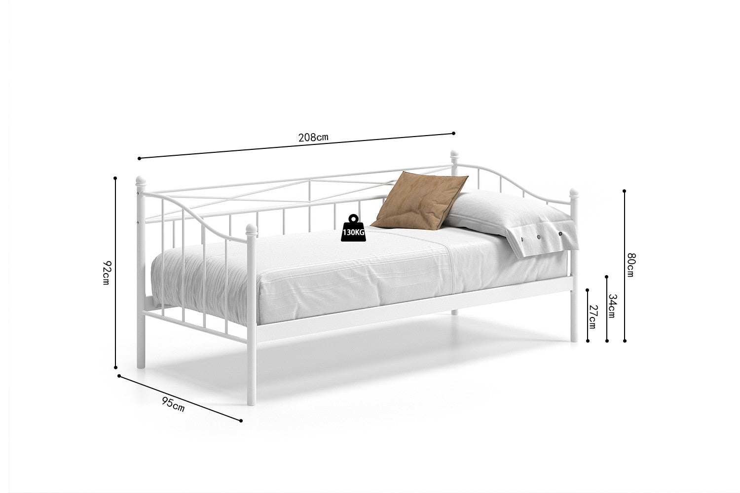 Rousseau - Lit simple Sablo 90x200 avec sommier à lattes Blanc - 92x95x208 cm