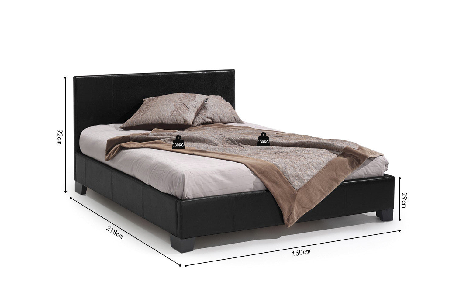 Rousseau - Tweepersoonsbed Roma 140x200 met lattenbodem PU Zwart - 92x150x218 cm