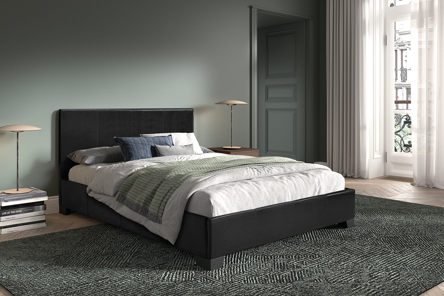 Rousseau - Tweepersoonsbed Roma 140x200 met lattenbodem PU Zwart - 92x150x218 cm