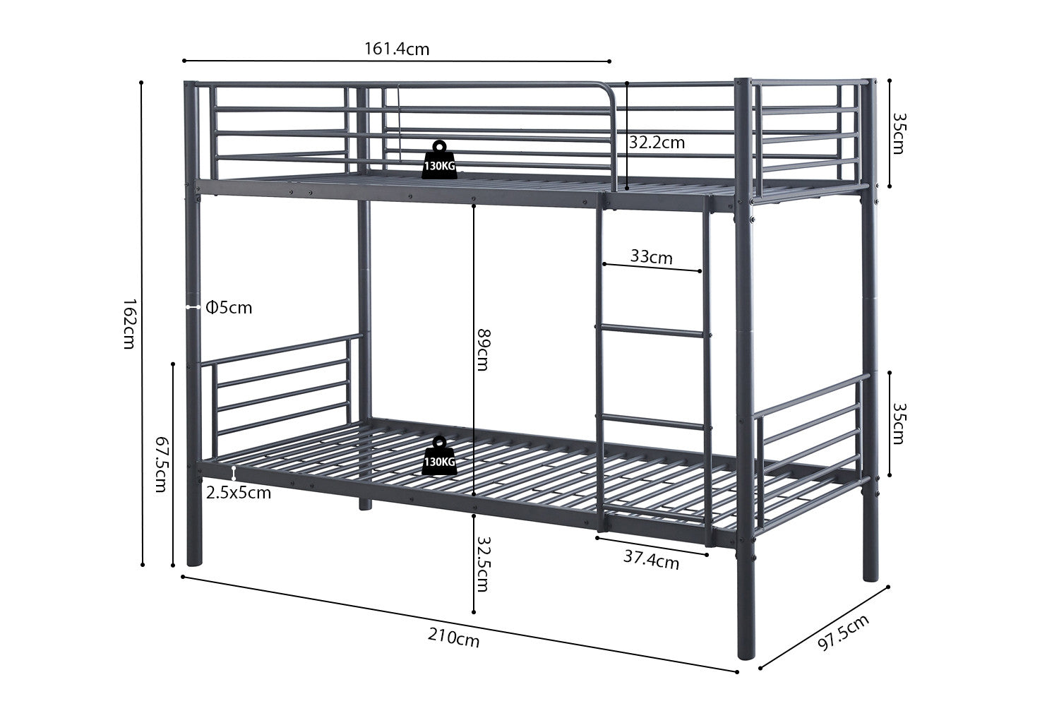 Rousseau - Lit superposé Sammy 90x200 divisible Métal Gris foncé - 162x97,5x210 cm