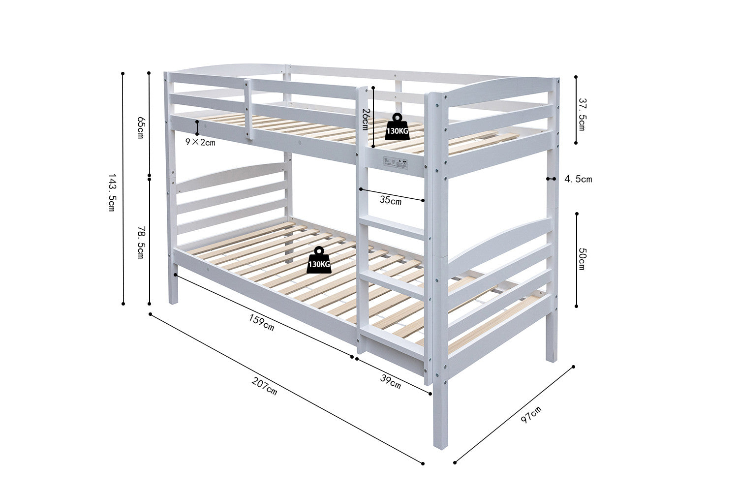 Rousseau - Lit superposé Roy 90x200 divisible Blanc - 143,5x97x207 cm