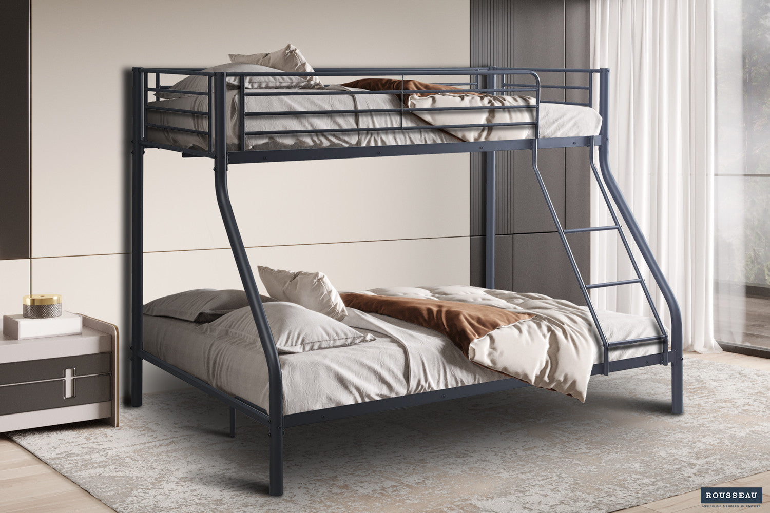 Rousseau - Lit superposé Trio métal 140/90x200 Gris foncé - 158x147,5x210 cm