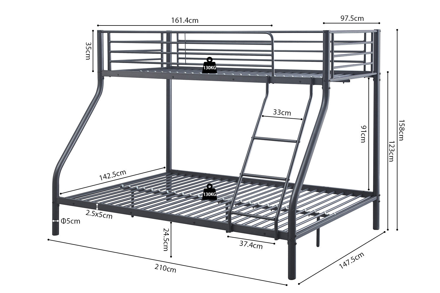 Rousseau - Lit superposé Trio métal 140/90x200 Gris foncé - 158x147,5x210 cm