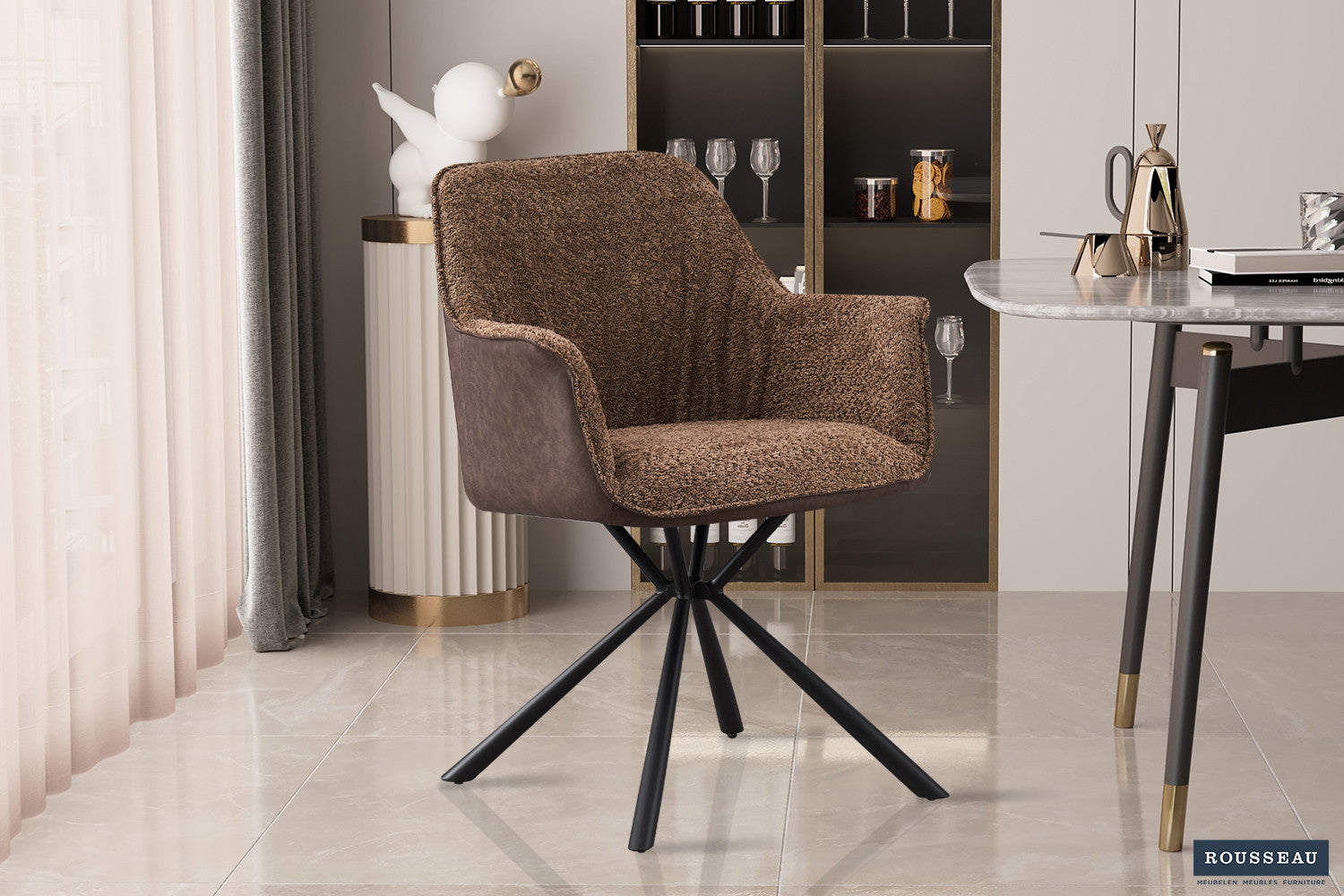 Rousseau - Chaise Boucle Lucie - Dossier Sable PU Marron - 82.5x62x63 cm