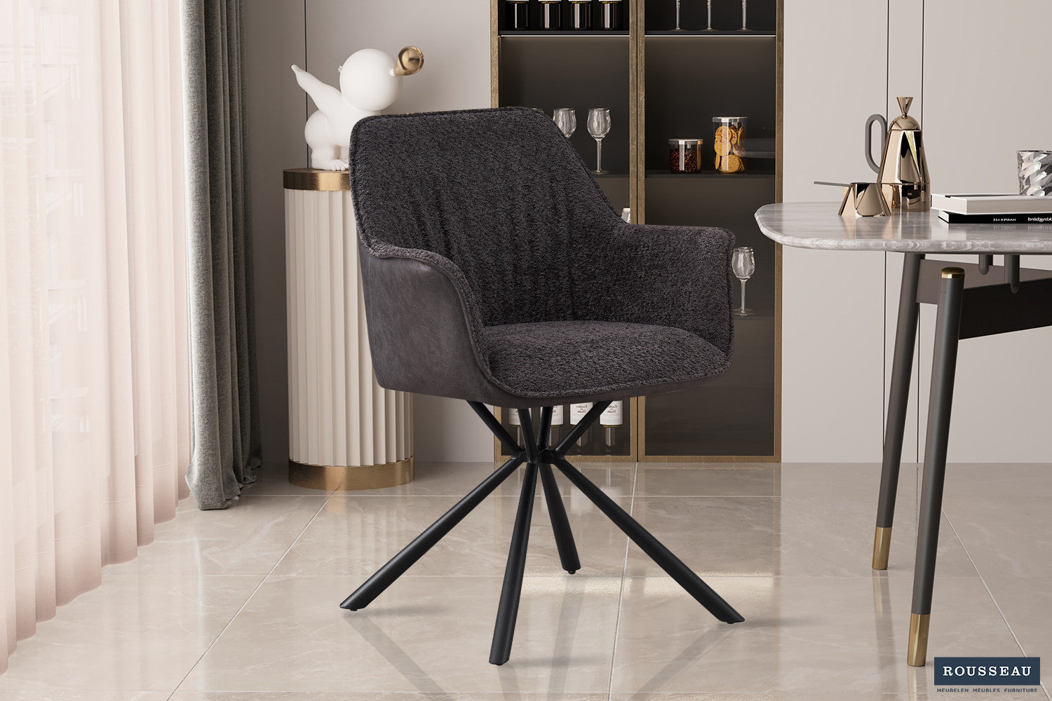 Rousseau - Stoel Lucie Boucle - Grijs Rug PU Lichtgrijs - 82.5x62x63 cm