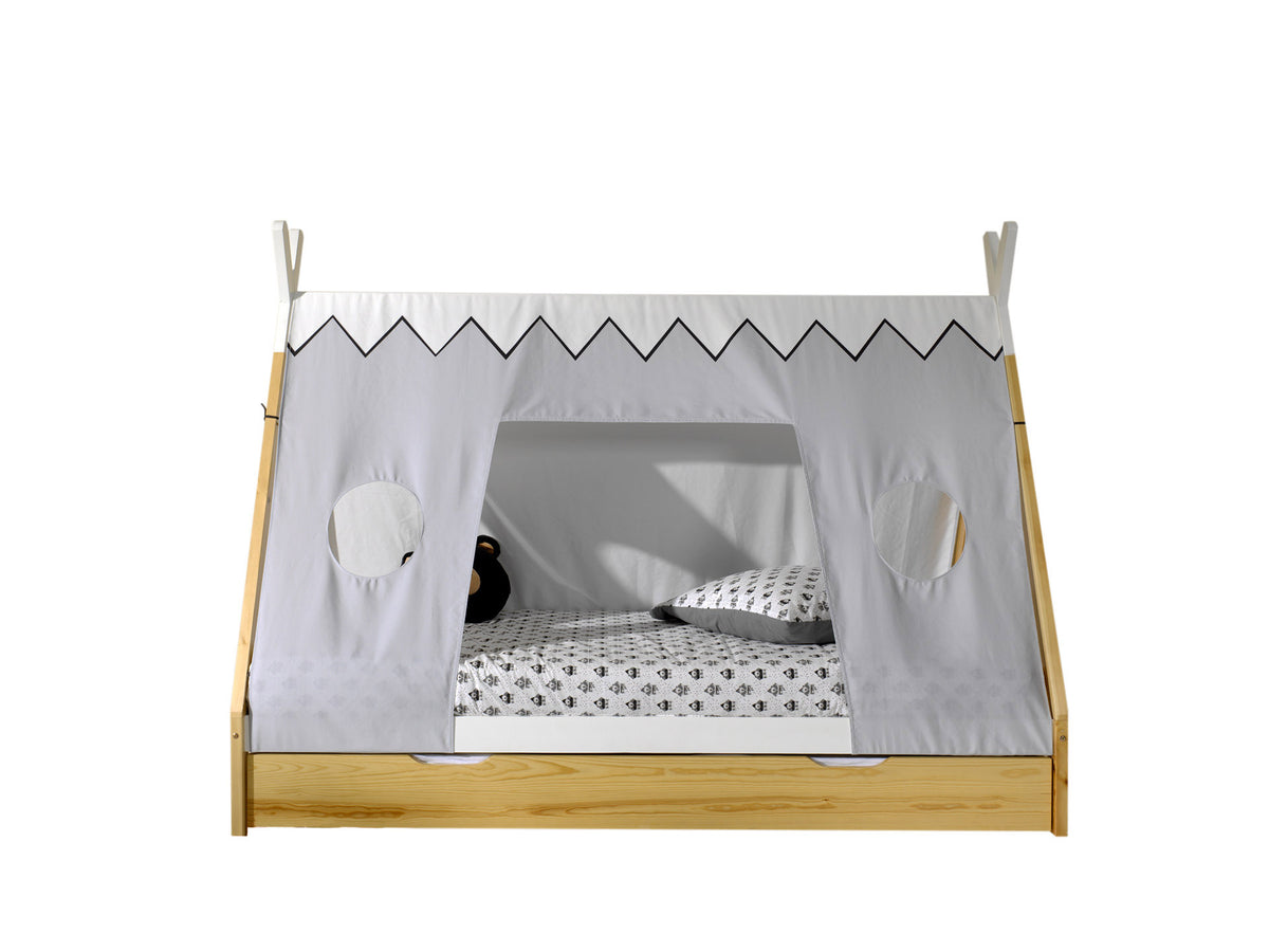 Vipack - Huisbed TIPI - Hoog, naturel lade, textiel - Wit - 90x200 cm