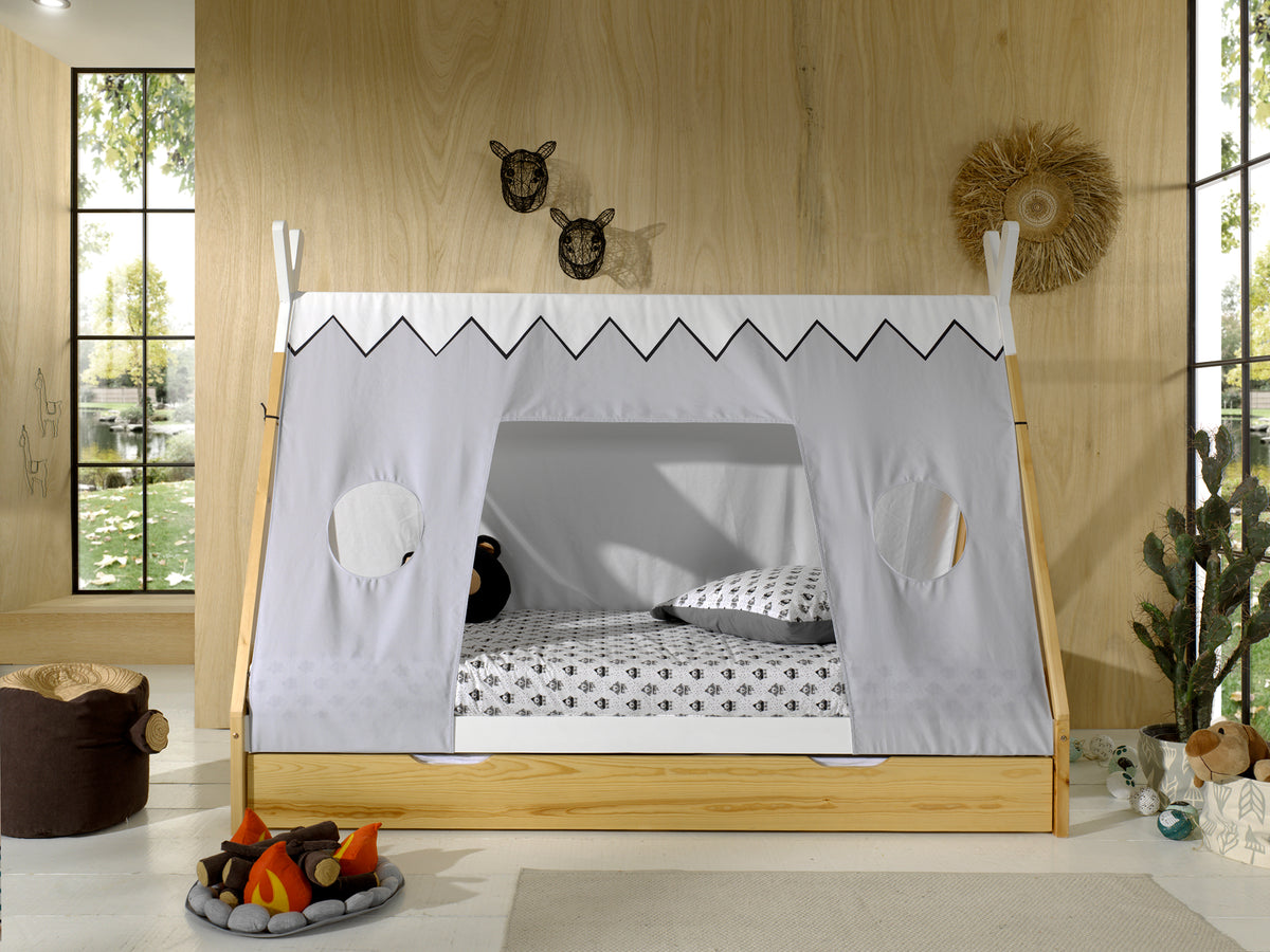 Vipack - Huisbed TIPI - Hoog, naturel lade, textiel - Wit - 90x200 cm