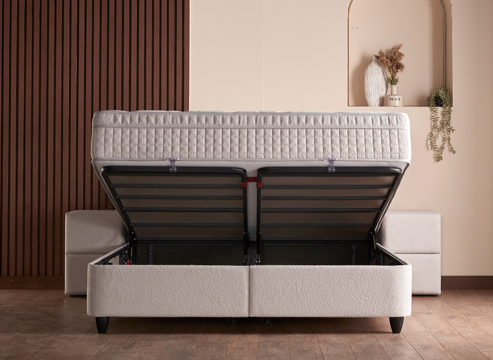 2BM - Boxspring Alice - Espace de rangement - Tissu bouclé écru clair - 160 x 200 cm