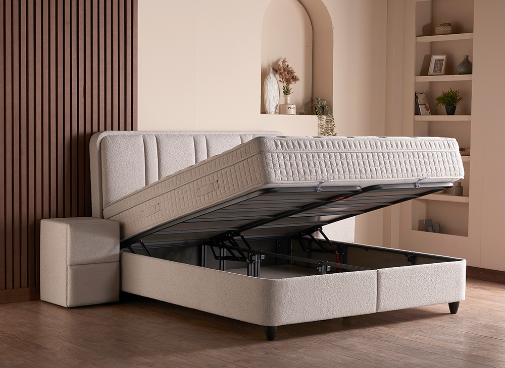 2BM - Boxspring Alice - Espace de rangement - Tissu bouclé écru clair - 160 x 200 cm