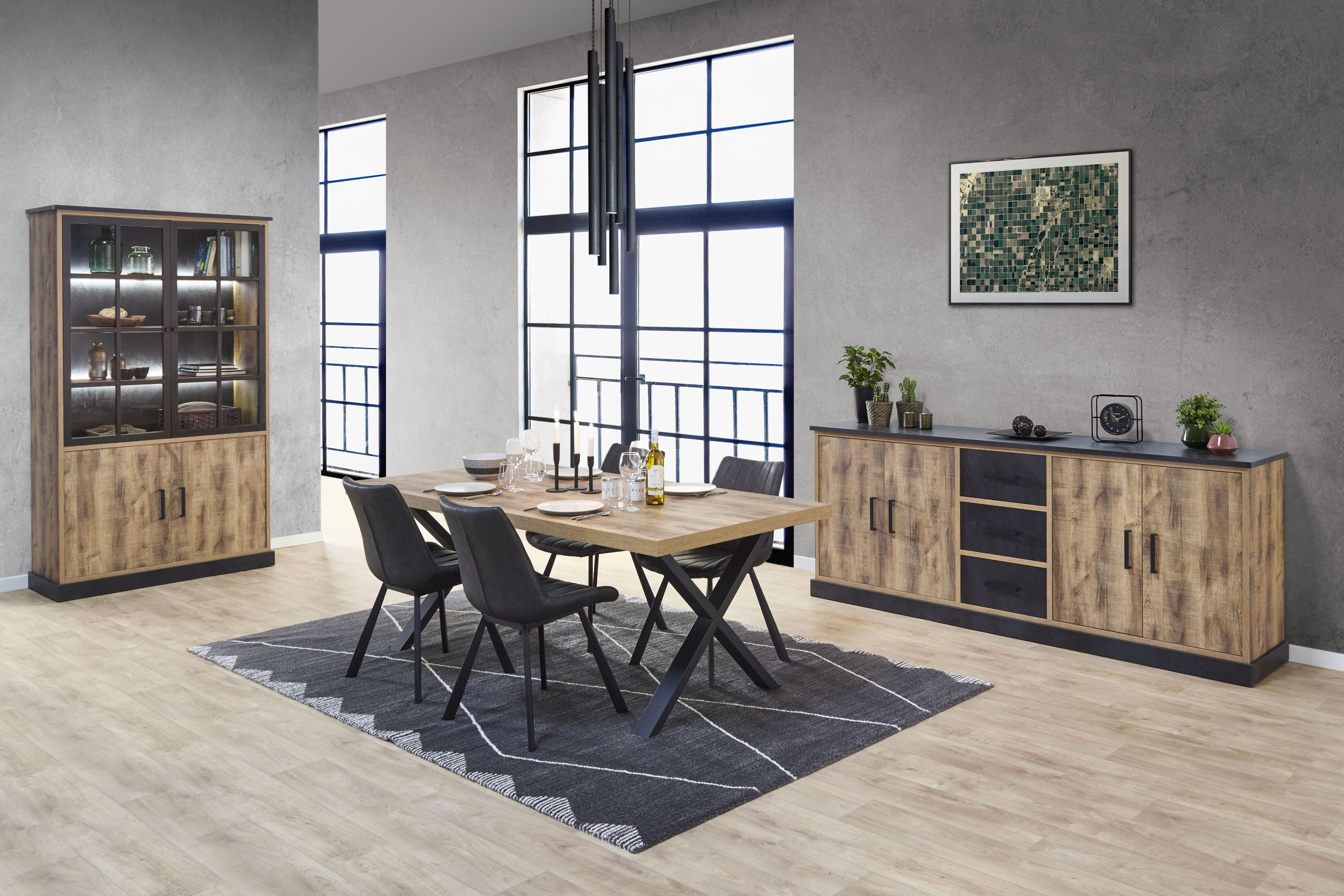 Image of GBO - Eetkamer Owen - 3-delige set - Donkere Eik/Zwart. Op zoek naar robuuste eetkamer meubel voor uw interieur? Dan is OWEN collectie precies voor u gem...