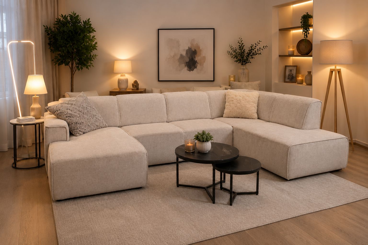 2BM - Luxueuze U-Vormige Salon Billund - Links - Beige Velours - 200x345x170 xd92x80h cm