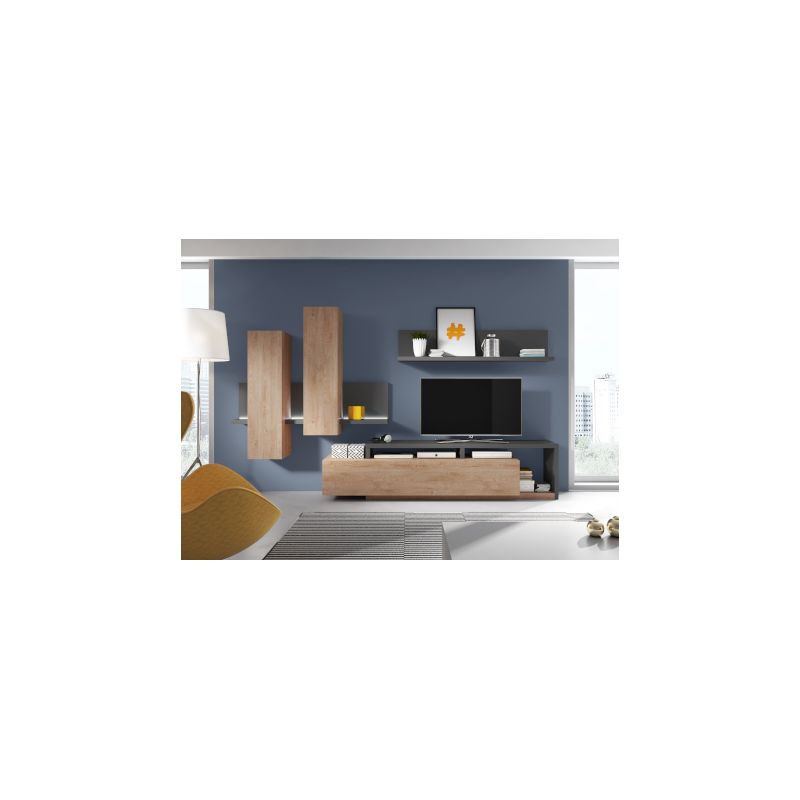 Hangkast met wandplank Bota - Eik/Grijs - Inclusief ledverlichting - 152x142x35cm