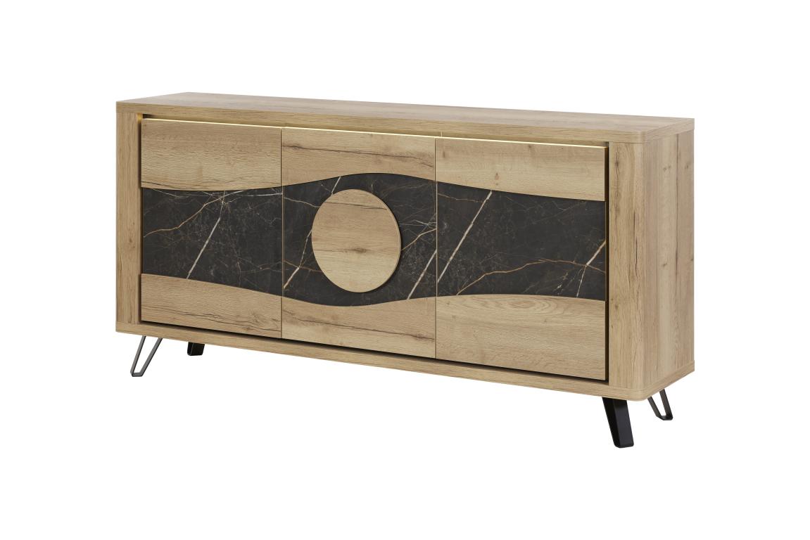 GBO - Buffet Valente 3D - chêne Halifax + marbre - 210 × 93/101 × 48 cm