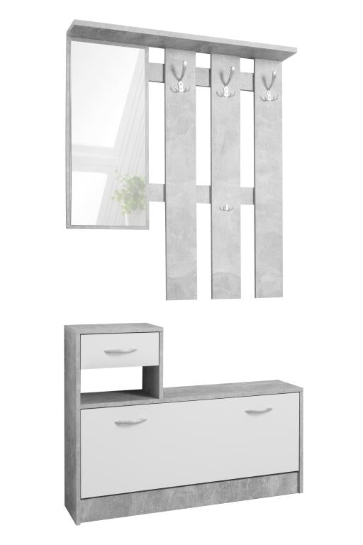 FIN - Halmeubel Rudolf - Wit/Grijs - Speigel, 3 kapstokken en 2 lades - 100x180hx25cm